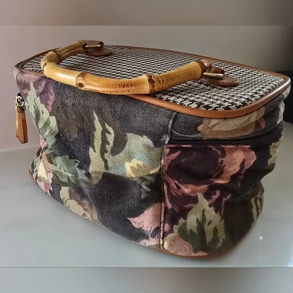 Vtg Avon Autumn Rose Floral‎ Houndstooth Canvas Bamboo Makeup Bag Accessory Set